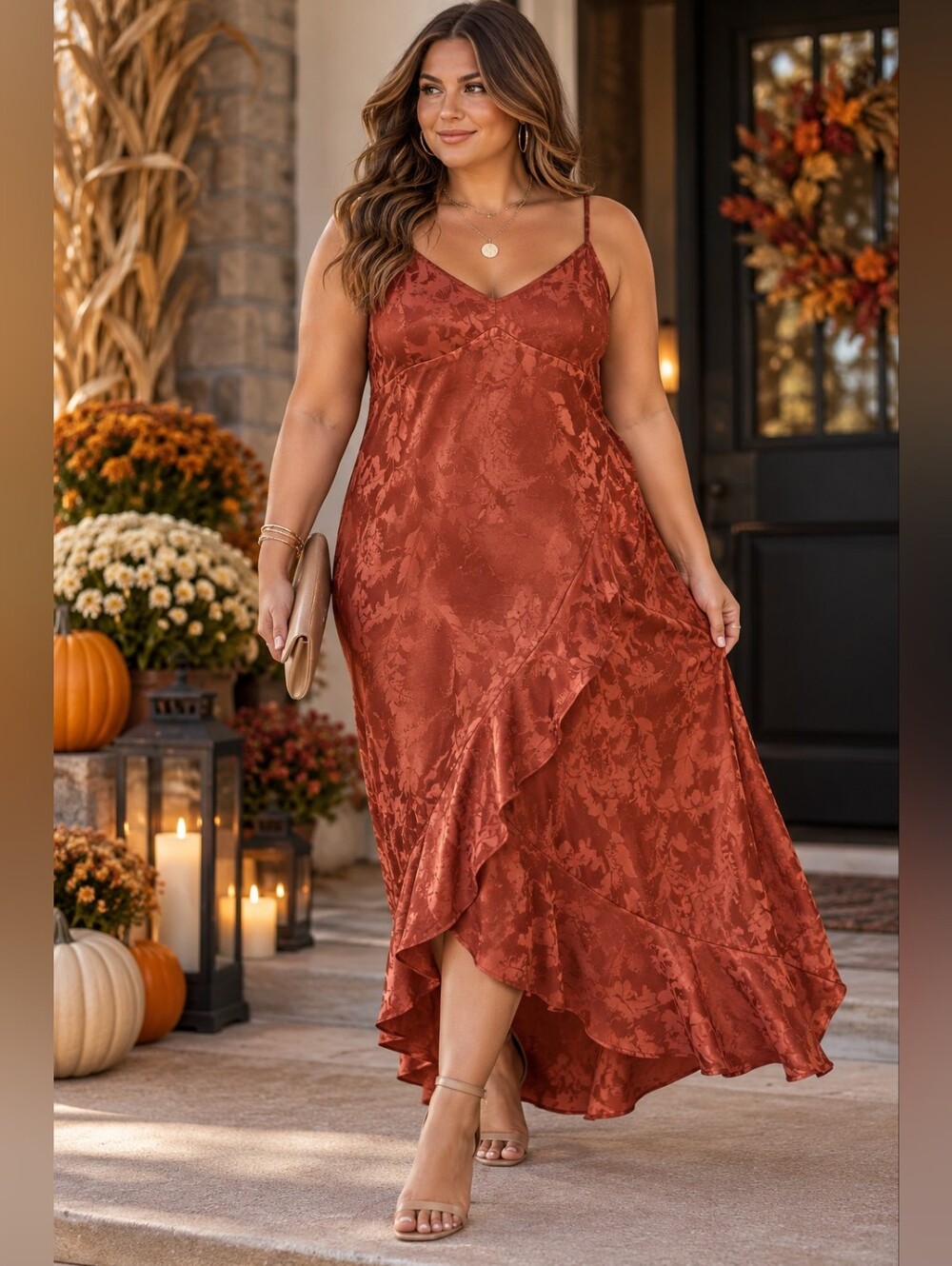 NWOT Saltwater Luxe Large Rust Floral Jacquard Ruffle Maxi Dress
